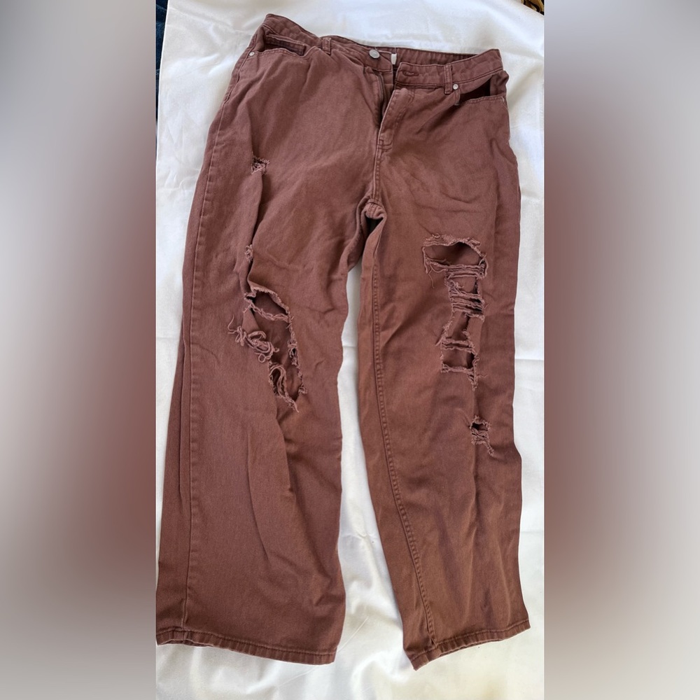 Brown wide leg distressed jeans
